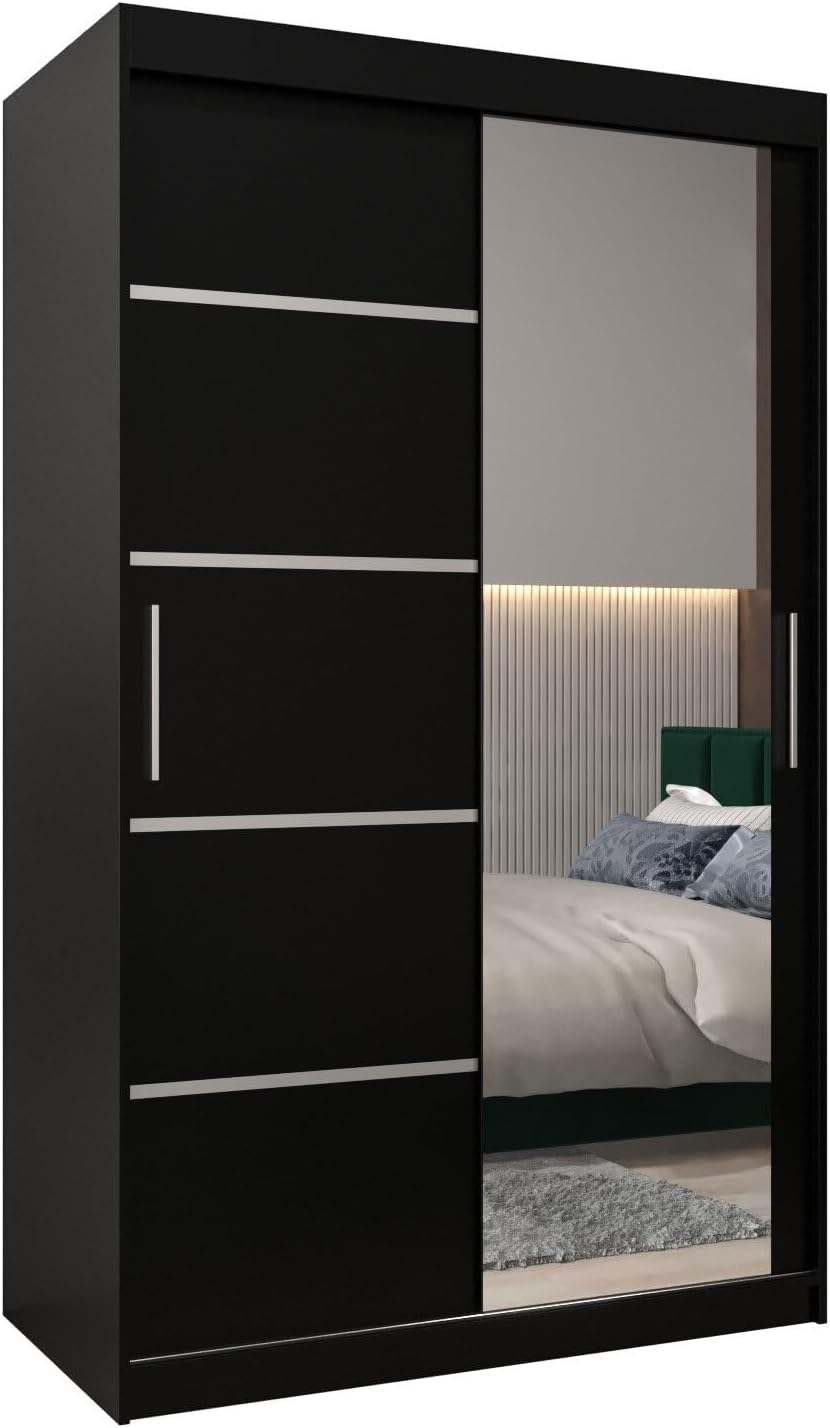 MEBLE KRYSPOL Verona 2, 250 cm Bedroom Wardrobe with Three Sliding Doors, Mirror, Clothes Rail and Shelves, 250 x 200 x 62 cm, Matt Black