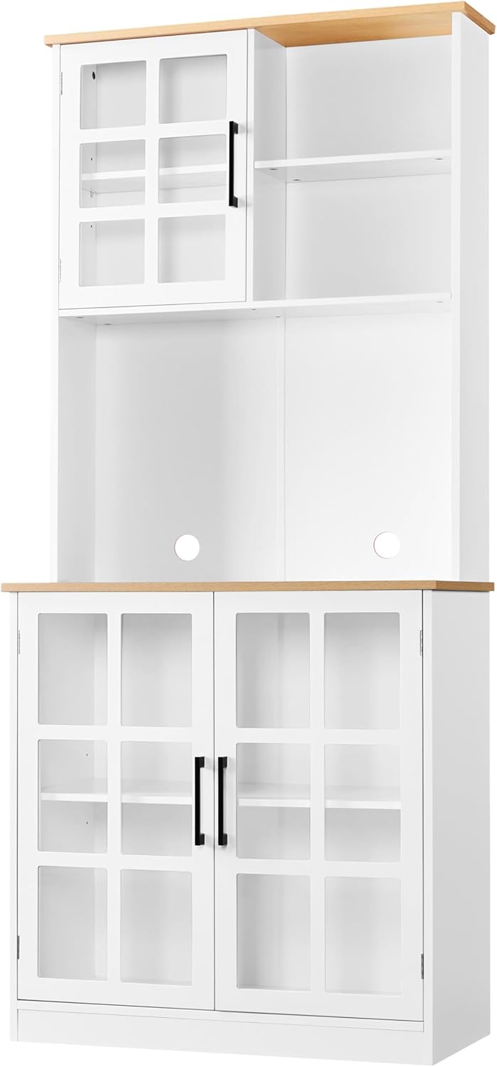 Yaheetech Kitchen Cabinet, Tall Cabinet with Cabinet, Multi-Purpose Cabinet with Adjustable Shelves, Storage Cabinet with Glass Doors, Cupboard with Open Shelves, White
