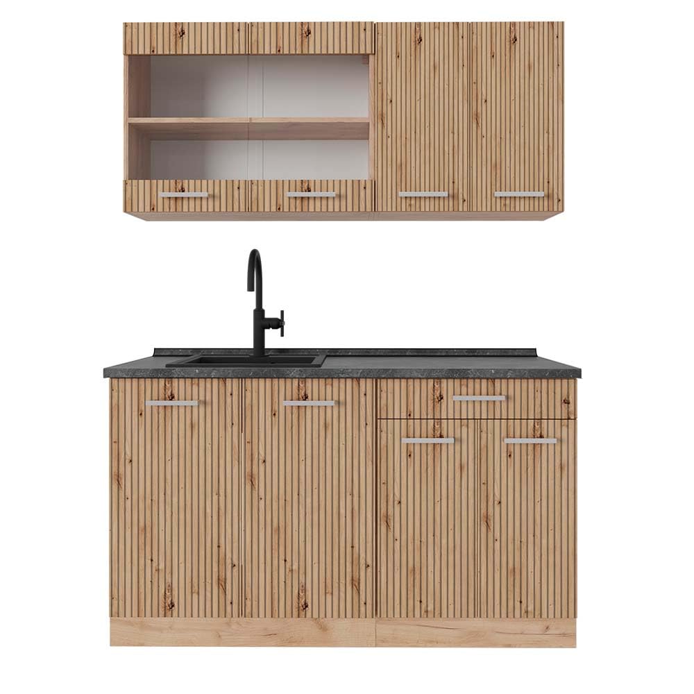 Vicco Single Kitchen R-Line, Black High Gloss / Gold Kraft Oak 140 cm, without Worktop