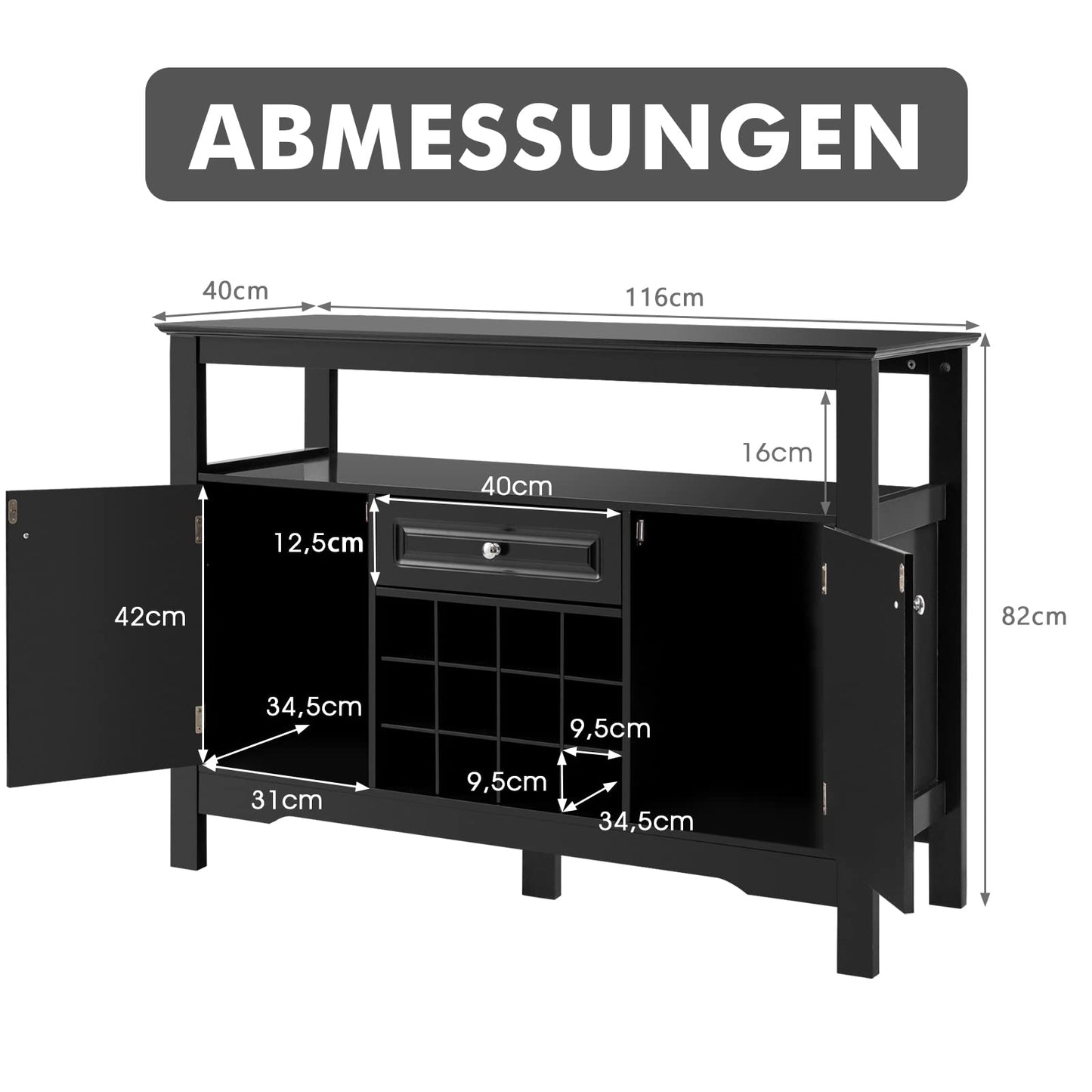 COSTWAY Sideboard Kitchen Cabinet with Doors and Drawers, Wooden Kitchen Chest of Drawers, Buffet Cabinet, Storage Cabinet, Side Cabinet, Wine Cabinet, 116 x 40 x 82 cm (White)