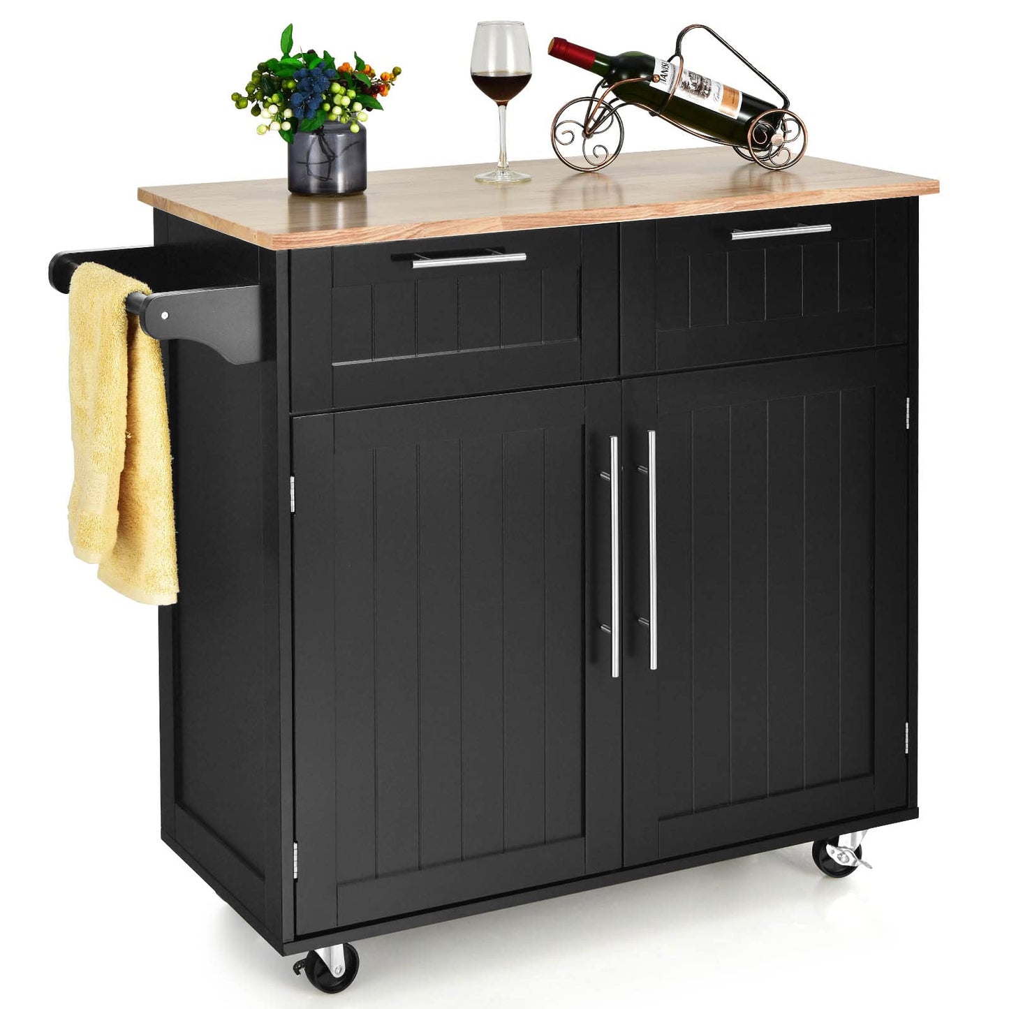 KOMFOTTEU Kitchen Trolley with Worktop, Kitchen Island with Wheels, Serving Trolley with 2 Drawers and Doors, Large Wooden Trolley 94 x 45.5 x 94.5 cm (Black)