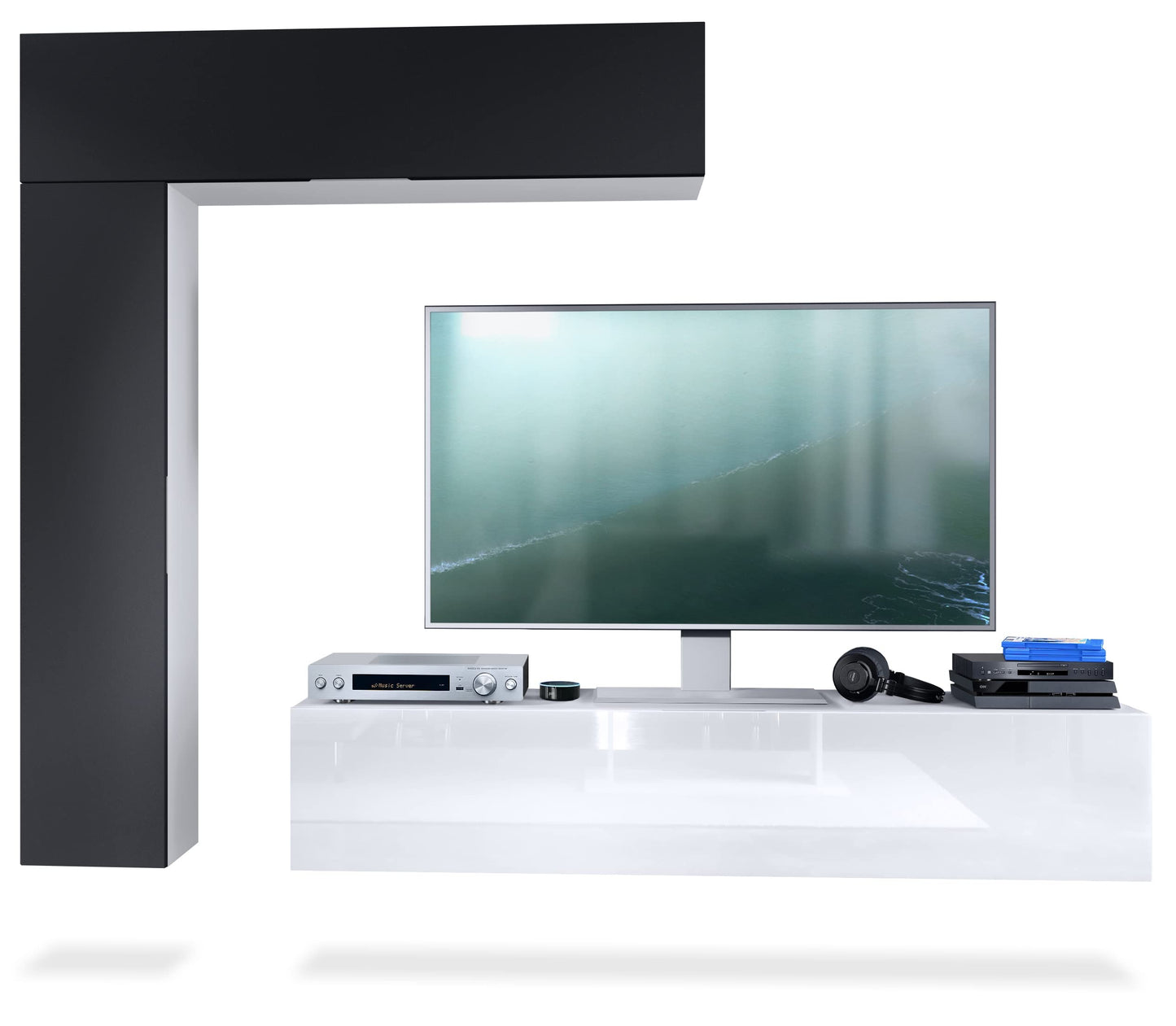 Vladon Taurito Wall Unit, Made in Germany, Matte White / Black High Gloss - Modern Wall Unit for Your Living Room (320 x 182 x 39 cm)