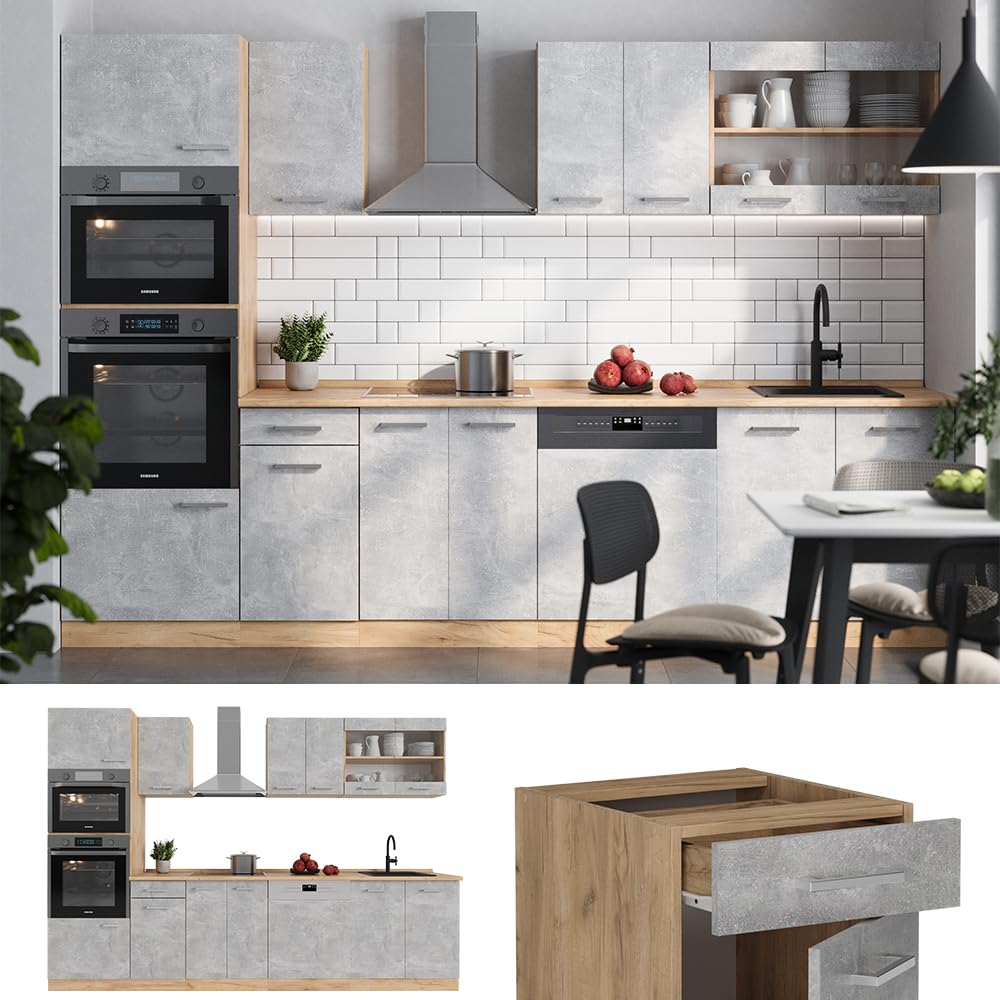Vicco R-Line Kitchen Unit, High-Gloss Anthracite/Goldkraft Oak, 300 cm with Tall Cabinet, without Worktop