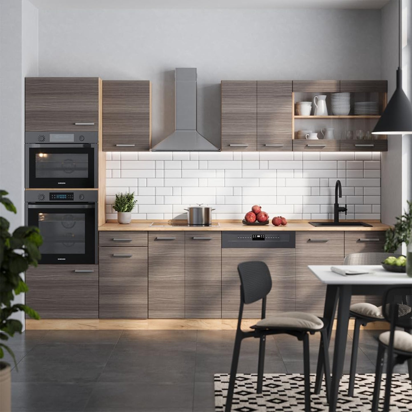 Vicco R-Line Kitchen Unit, High-Gloss Anthracite/Goldkraft Oak, 300 cm with Tall Cabinet, without Worktop
