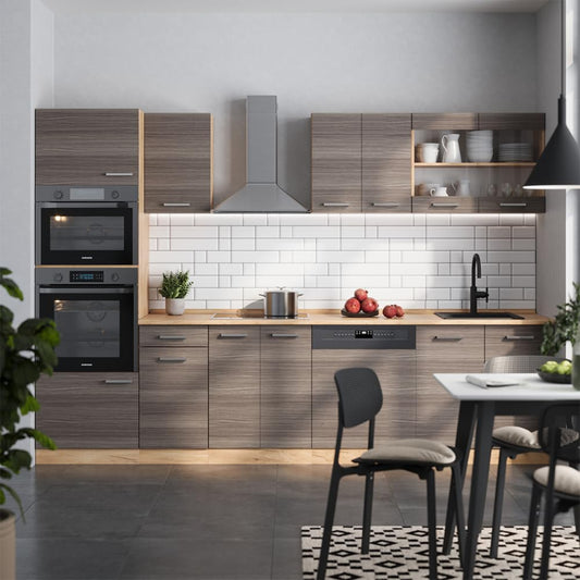Vicco R-Line Kitchen Unit, High-Gloss Anthracite/Goldkraft Oak, 300 cm with Tall Cabinet, without Worktop