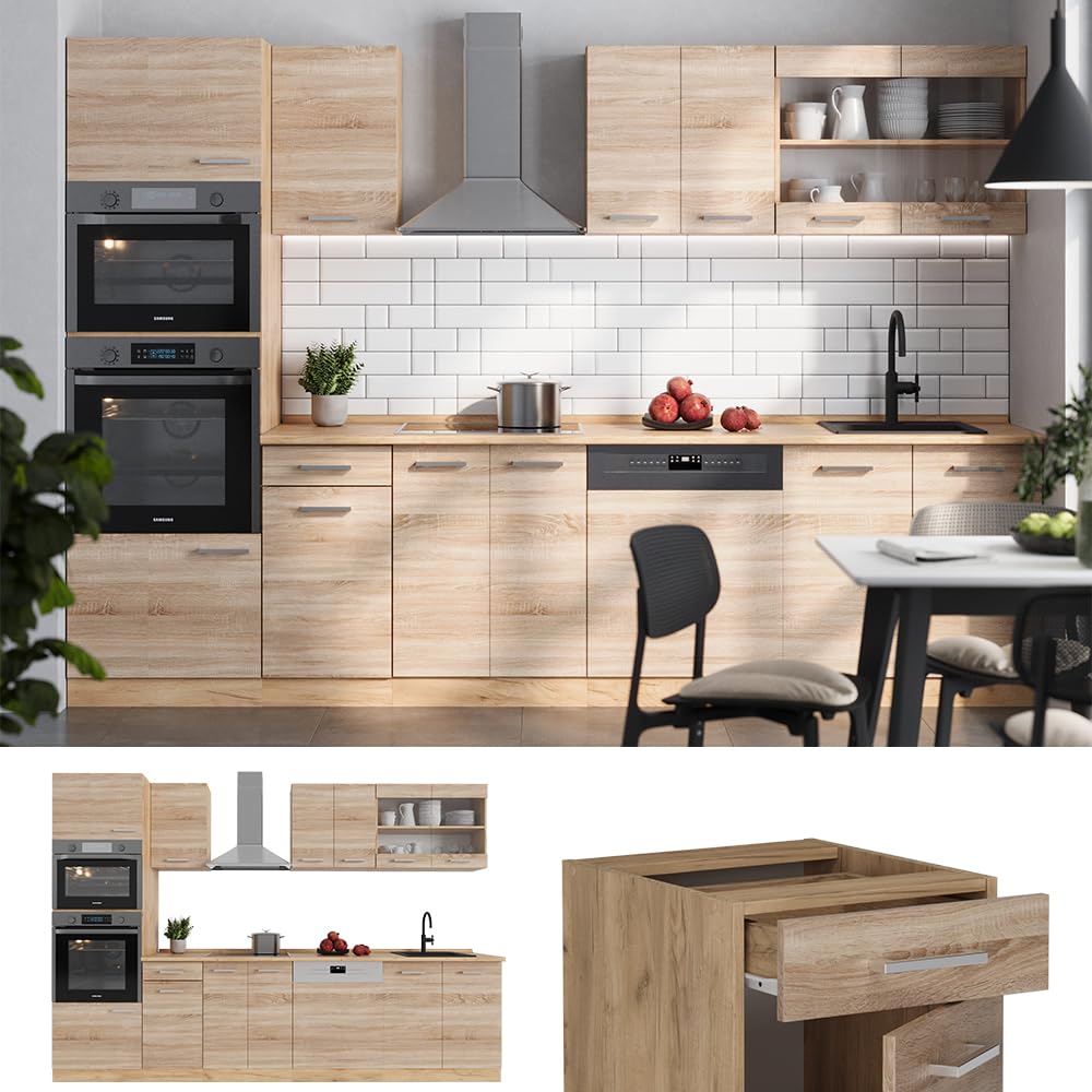 Vicco R-Line Kitchen Unit, High-Gloss Anthracite/Goldkraft Oak, 300 cm with Tall Cabinet, without Worktop