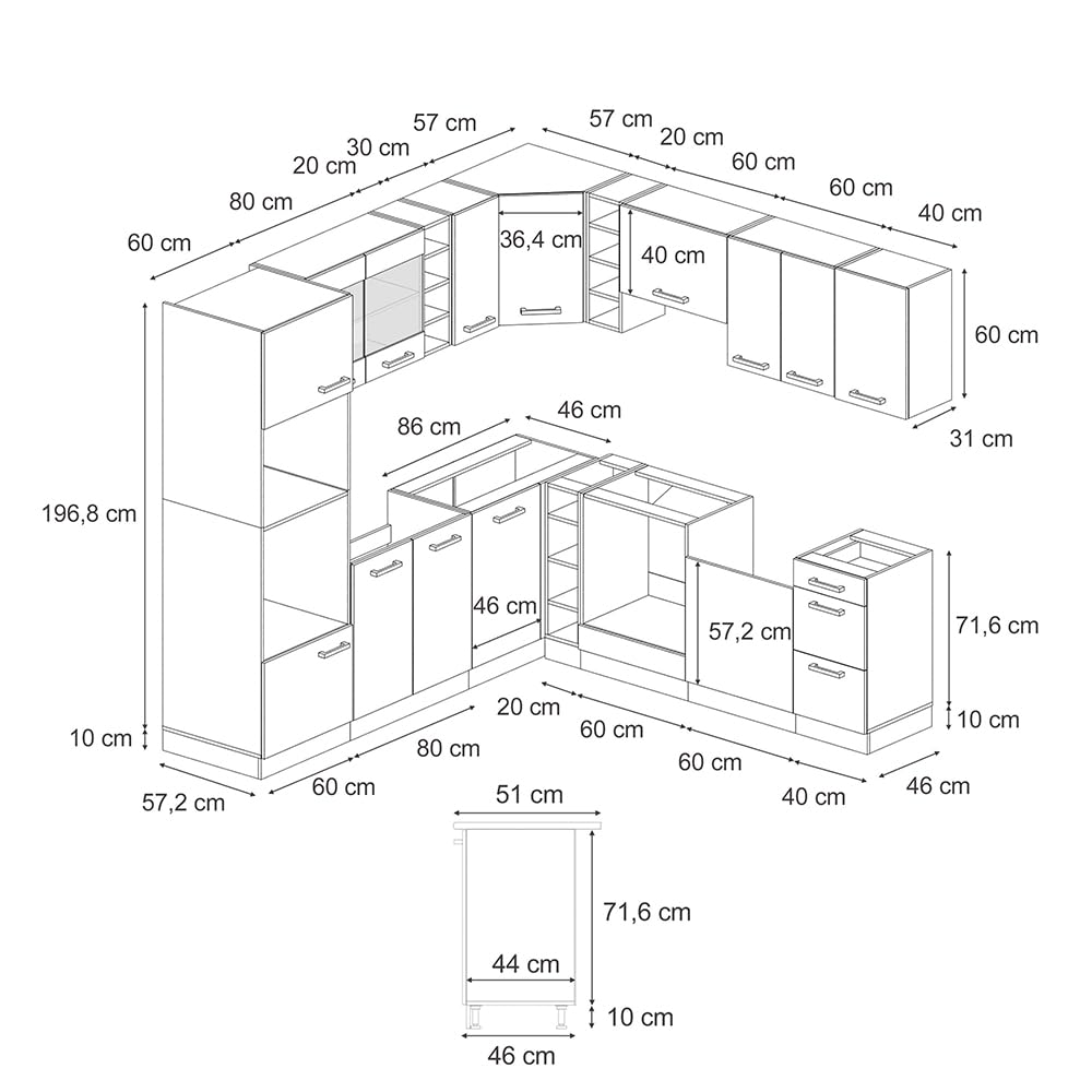Vicco R-Line Fitted Kitchen Cabinets Country House Kitchen Furniture (White, Corner 247 x 237 cm)