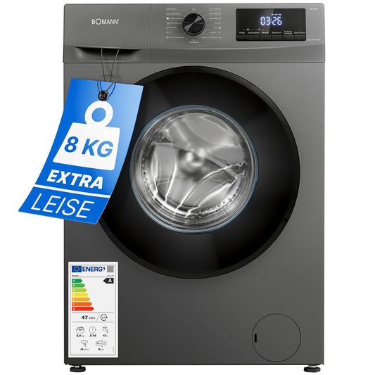 Bomann® Washing Machine 8 kg | Max. 1400 rpm | Robust, Quiet & Durable Inverter Motor | 15 Washing Programmes | LED Display | with Steam Function | WA 7185 Titanium - Black