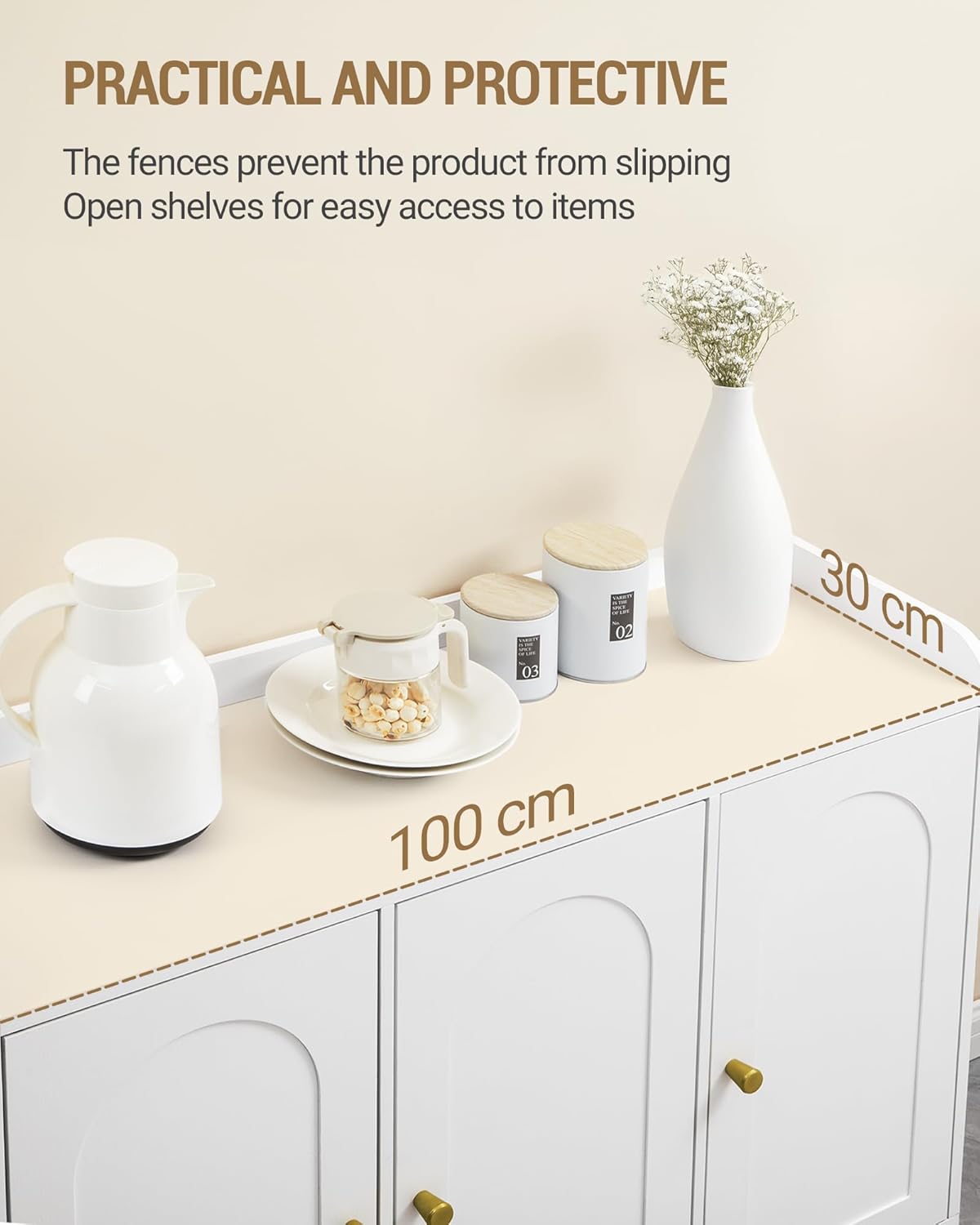 Hzuaneri SC21313G Sideboard, Storage Cabinet, Kitchen Cabinet, Kitchen Chest of Drawers, 3 Doors, Adjustable Shelves, Buffet Cabinet for Kitchen and Living Room, 30 x 100 x 80.5 cm, White