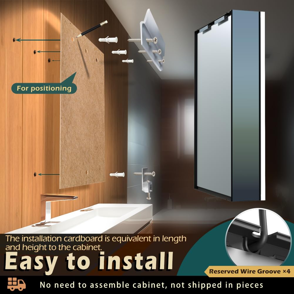 KWW LED Beleuchtetes Badezimmer Medizin Kabinett mit Spiegel, Farbtemperatur Einstellbar, Anti-Nebel Dimmbare Lichter, Steckdosen für USBs (75 x 70 cm)