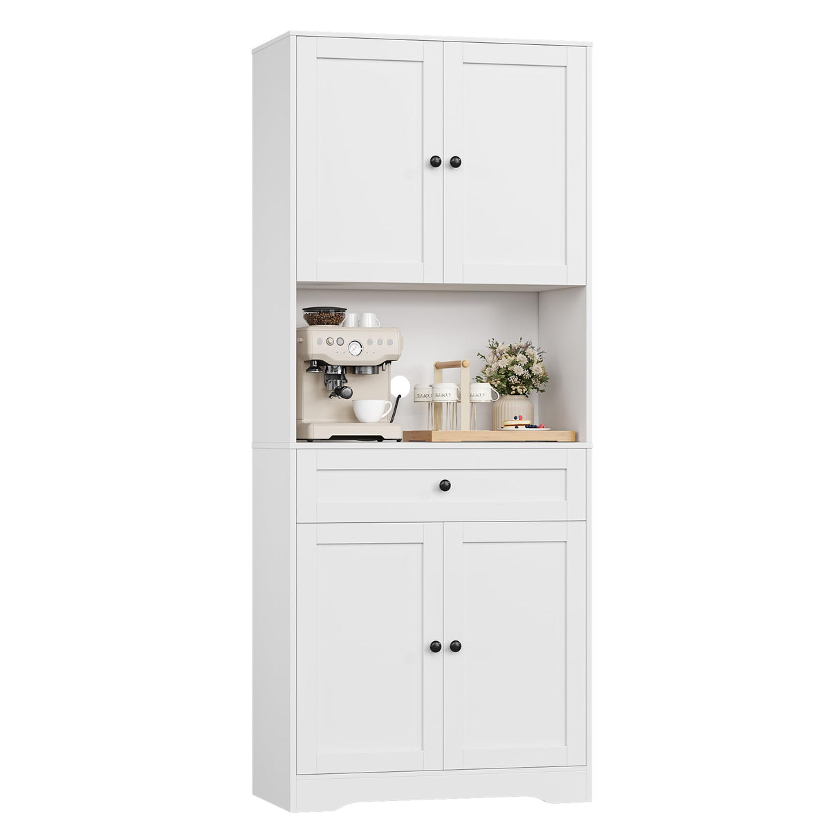 FOREHILL Tall Kitchen Cabinet, Kitchen Buffet Cabinet with Worktop, 4 Doors, Drawer, Cable Hole, Adjustable Shelves, Multi-Purpose Cabinet for Living Room, Kitchen, 75 x 40 x 180 cm, White