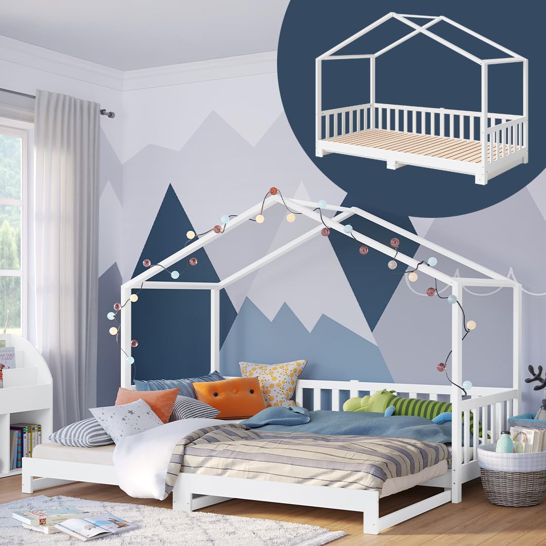 Bellabino Bia Children’s Bed, 90 x 200 cm, Children’s House Bed incl. Fall Protection and Rolled Slatted Frame, Montessori Floor Bed, White, Solid Pine Wood