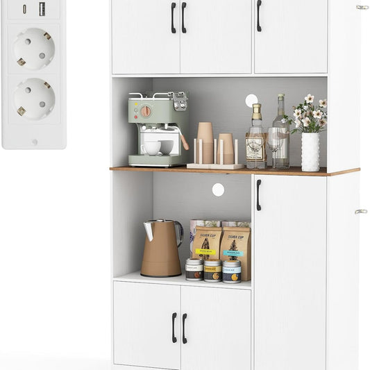 COSTWAY Wooden Kitchen Cabinet, Buffet Cabinet with Socket, Tall Cabinet with Doors & Worktop, Storage Cabinet for Kitchen & Living Room, 100 x 40 x 180 cm (White)