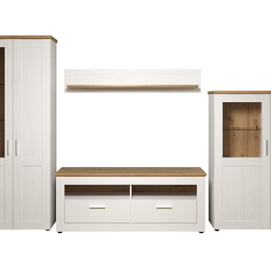 trendteam smart living - Shade - Wohnzimmerkombination - Weiß/Eiche - Vitrine hoch, TV-Unterteil, Wandboard, Vitrine halbhoch - (BxHxT) 368 x 194 x 45 cm - silberfarbene Griffe