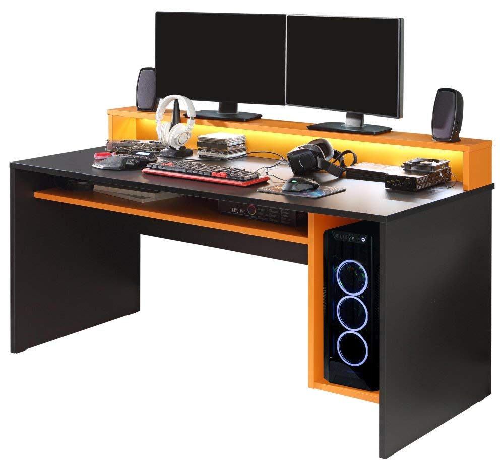 Forte TEZAUR Computer Desk Gaming Desk with LED Lighting and Shelf, Wood Material, Black, W x H x D: 200 x 91.1 x 125.4 cm