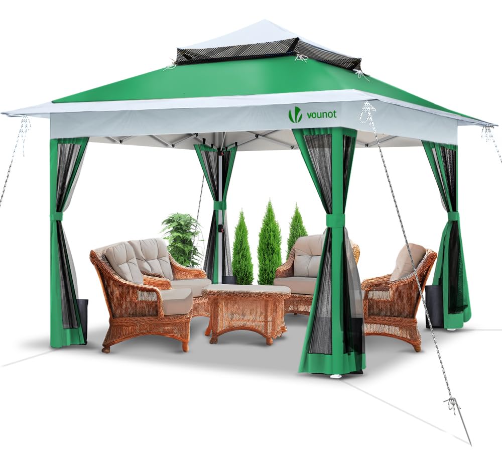 VOUNOT Pavillon Faltbar 3,6x3,6m, Pop Up Partyzelt mit Mesh Sides & Doppeldach, Faltpavillon Stabil mit Bein Gewichte & Roller Bag, Gartenpavillon Gartenzelt Grau