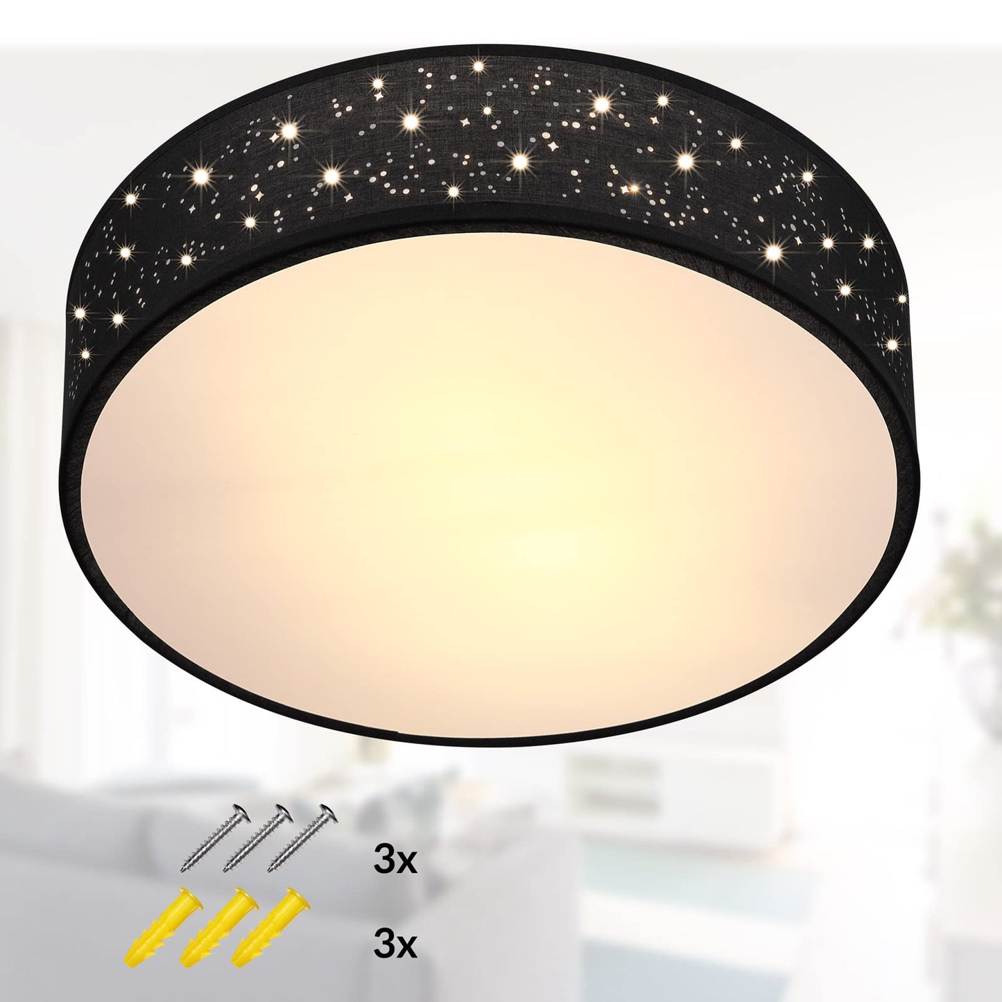 MONZANA® Ceiling Light Starry Sky Living Room Bedroom E27 Grey Round 38 cm Fabric Shade 2 Bulbs 40 W Kitchen Lamp Ceiling Light Fabric Ceiling Lamp