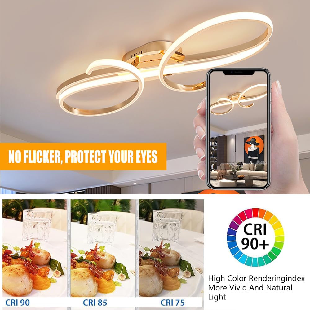 WSXEDC Moderne Kreative LED Deckenleuchte Dimmbare Metall Chrom für die Augenpflege Deckenlampe Mit Fernbedienung für Wohnzimmer Schlafzimmer Esszimmer Flure Gold 60cm