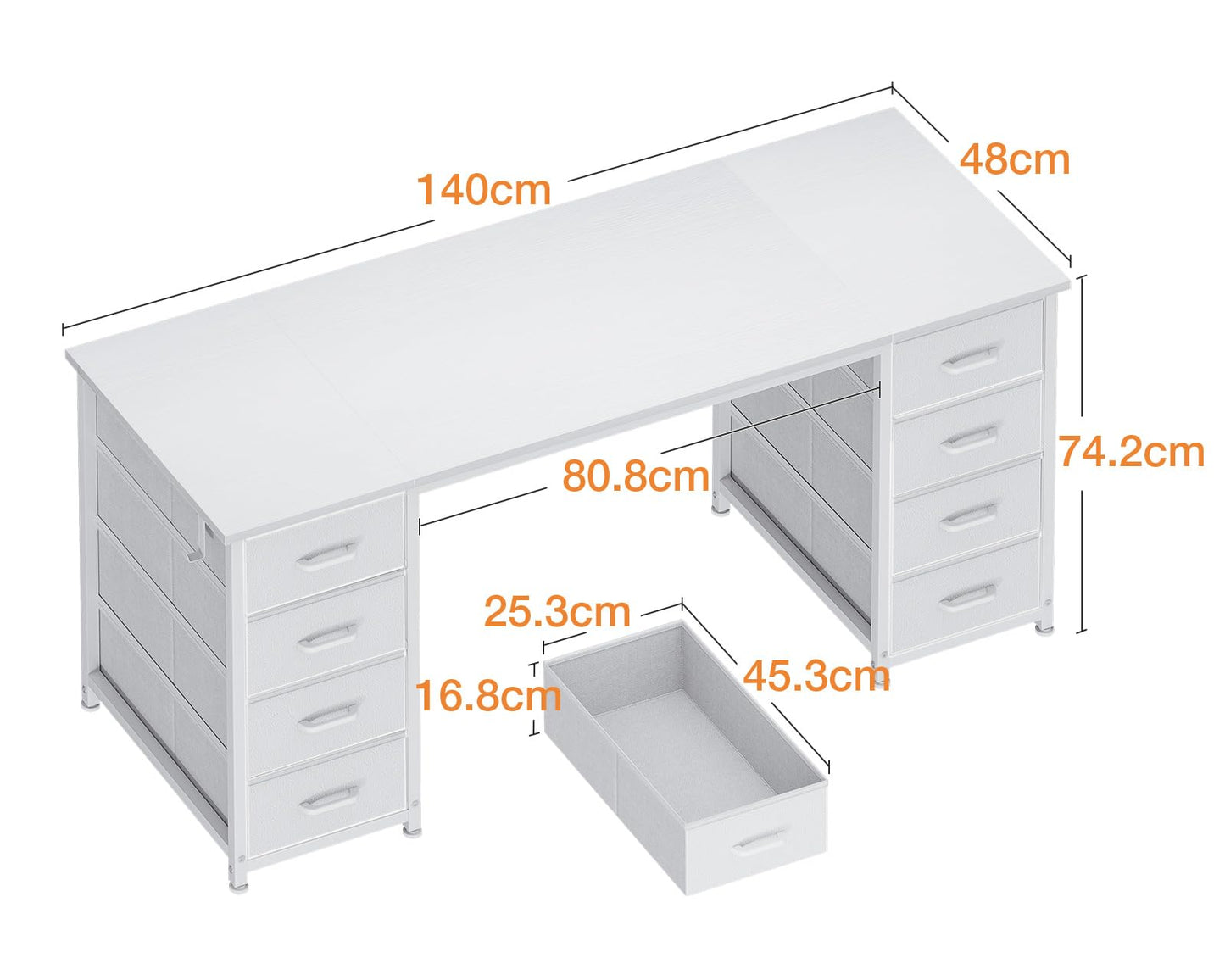 Coleshome Desk with 8 Fabric Drawers, 120 x 48 cm, Desk with Storage Space, Computer Desk with Headphones, Office Table, PC Table, Office Table for Office, Living Room, Home Office, Brown