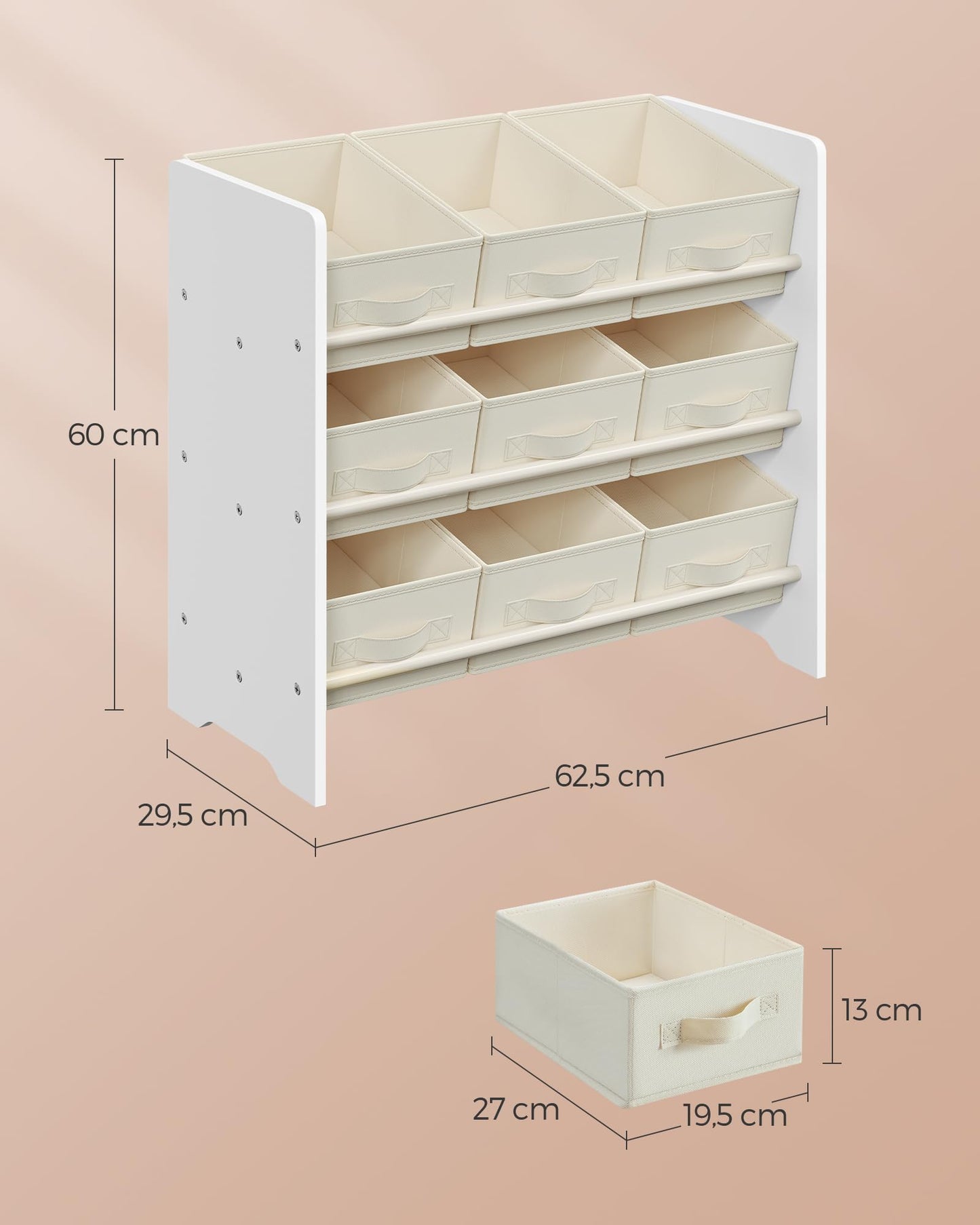 SONGMICS GKR033W10 Children's Shelf, Toy Shelf, Bookcase, with 9 Non-Woven Fabric Storage Boxes, Spacious, 29.5 x 62.5 x 60 cm, Cloud White