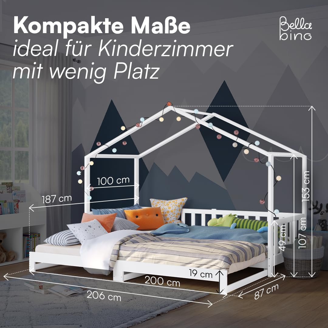 Bellabino Bia Children’s Bed, 90 x 200 cm, Children’s House Bed incl. Fall Protection and Rolled Slatted Frame, Montessori Floor Bed, White, Solid Pine Wood