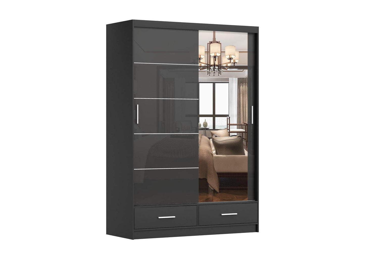 Fabryka Mebli Idźczak Kleiderschrank mit Spiegel weiß - Schwebetürenschrank - Schlafzimmerschrank - 61 x 250 x 218 cm - Wohnzimmerschrank - Garderobenschrank, Schrank mit 2 Türen, 4 Schubladen