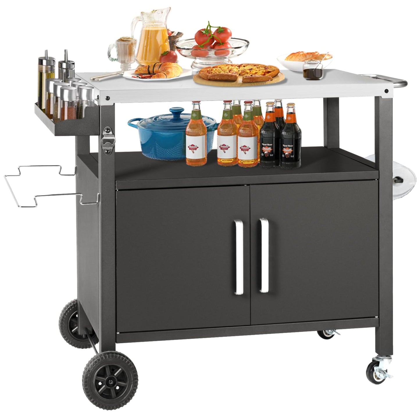 Barbecue Table with Large Work Surface | Grill Side Table, Outdoor Grill Trolley, Grill Table Outdoor, Stainless Steel Table Top, Outdoor Garden Trolley