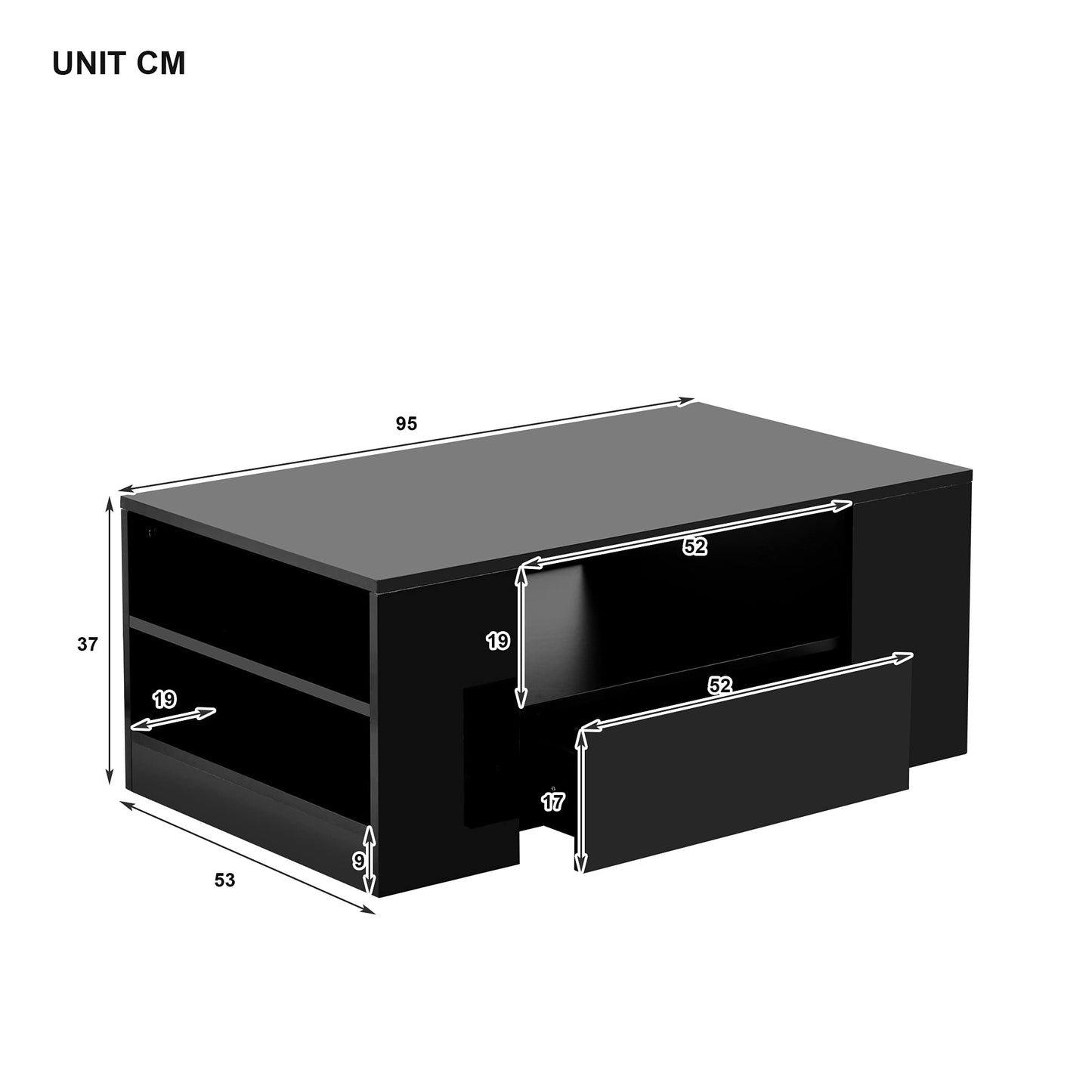 Merax High Gloss Coffee Table with LED, Modern Living Room Table with Storage Drawers, Multifunctional Side Table for Living Room, Rectangular Centre Table, Sofa Table, Coffee Table, Office, Black