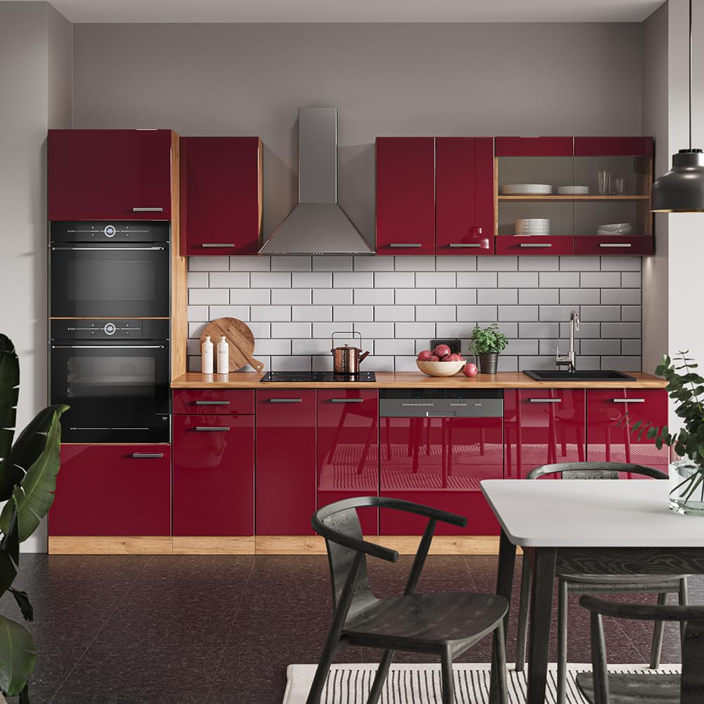 Vicco R-Line Kitchen Unit, High-Gloss Anthracite/Goldkraft Oak, 300 cm with Tall Cabinet, without Worktop