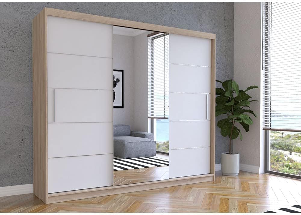 Fabryka Mebli Idźczak Kleiderschrank mit Spiegel, Schiebetüren - Weißer Schwebetürenschrank, Schlafzimmerschrank - ‎61 x 250 x 218 cm - Schrank für Schlafzimmer, Wohnzimmer, Garderobe