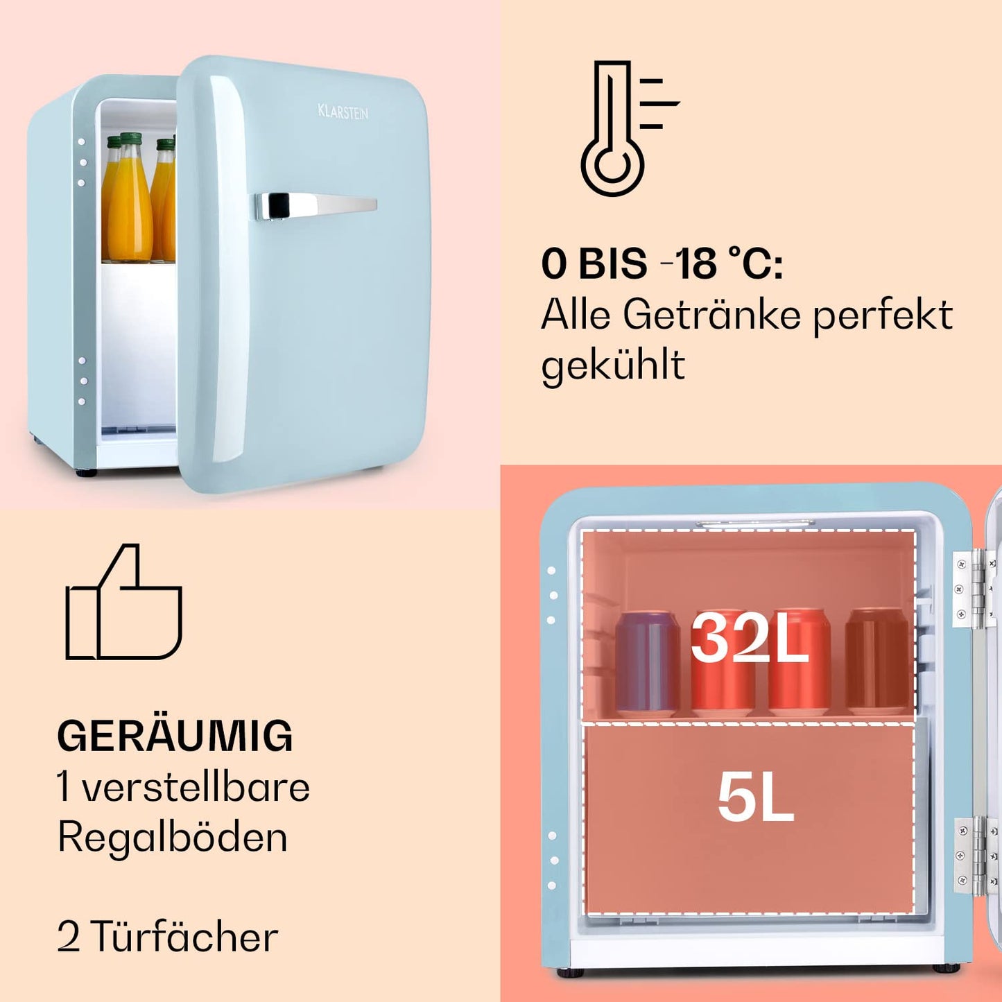 Klarstein Kühlschrank, Mini-Kühlschrank für Getränke, Kühlschrank Klein, Kleiner Kühlschrank Lautlos, Skincare Fridge, Vintage Design, Camping Kühlschrank, Minikühlschrank für Zimmer, 0-10°C, 70 L