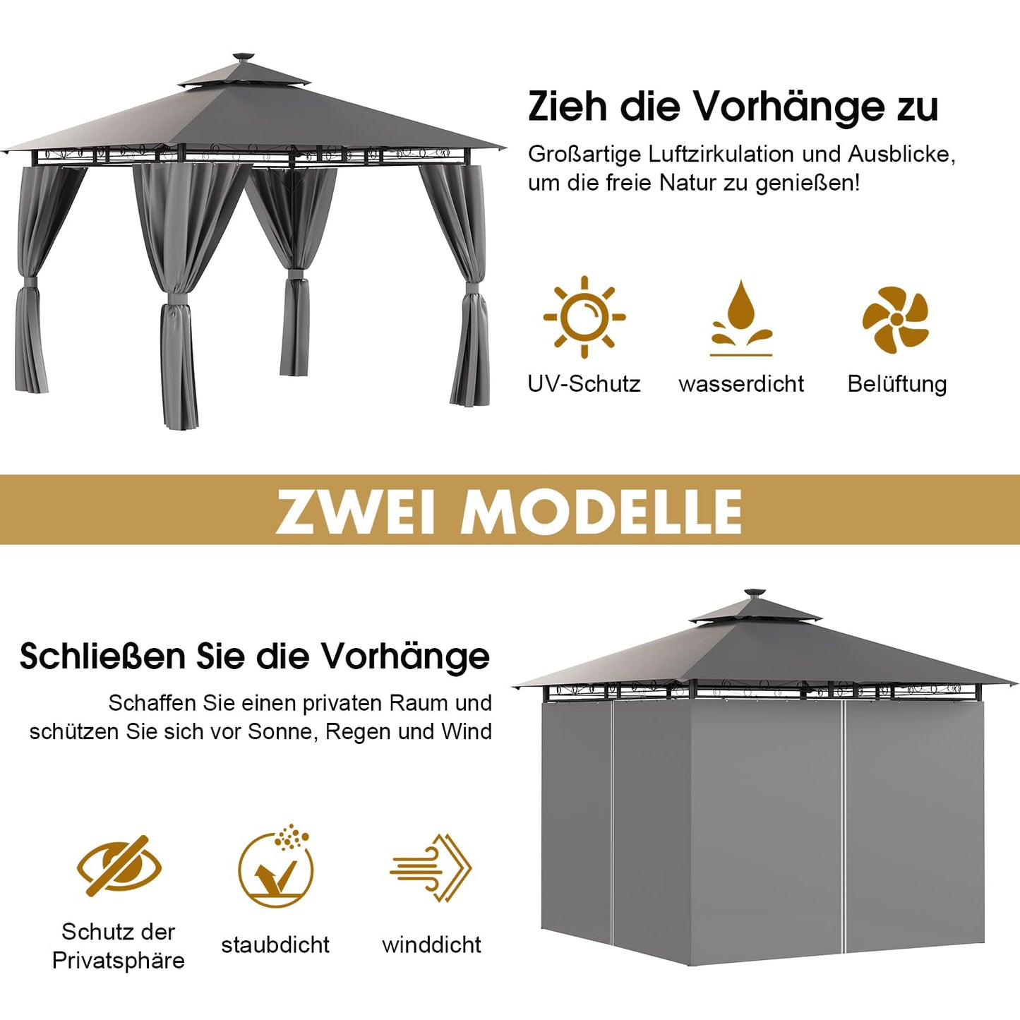 Gazebo 3 x 3 Waterproof Stable Winterproof, Garden Gazebo, Tarpaulin, Garden Gazebo, Metal Frame Gazebo, Grey