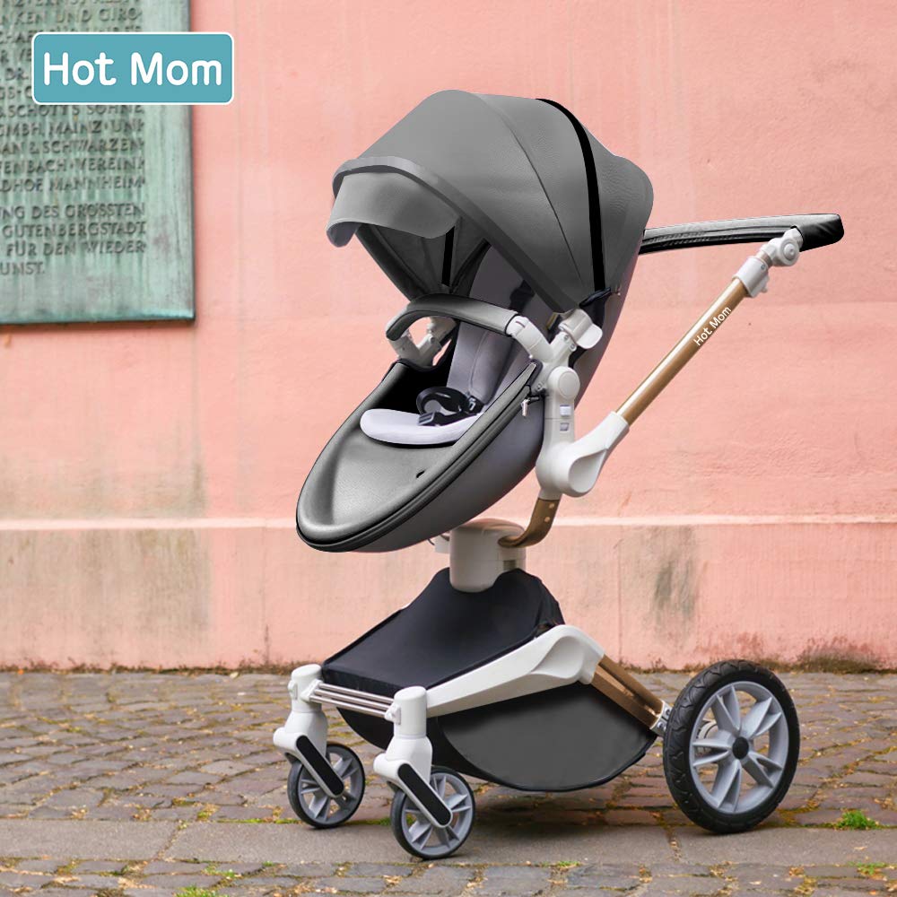 Hot Mom Pram Set with 360° Rotation Function, Combination Pushchair 3-in-1 Equipped with PU Tyres and Faux Leather Seat and Many Other Accessories, Dark Grey