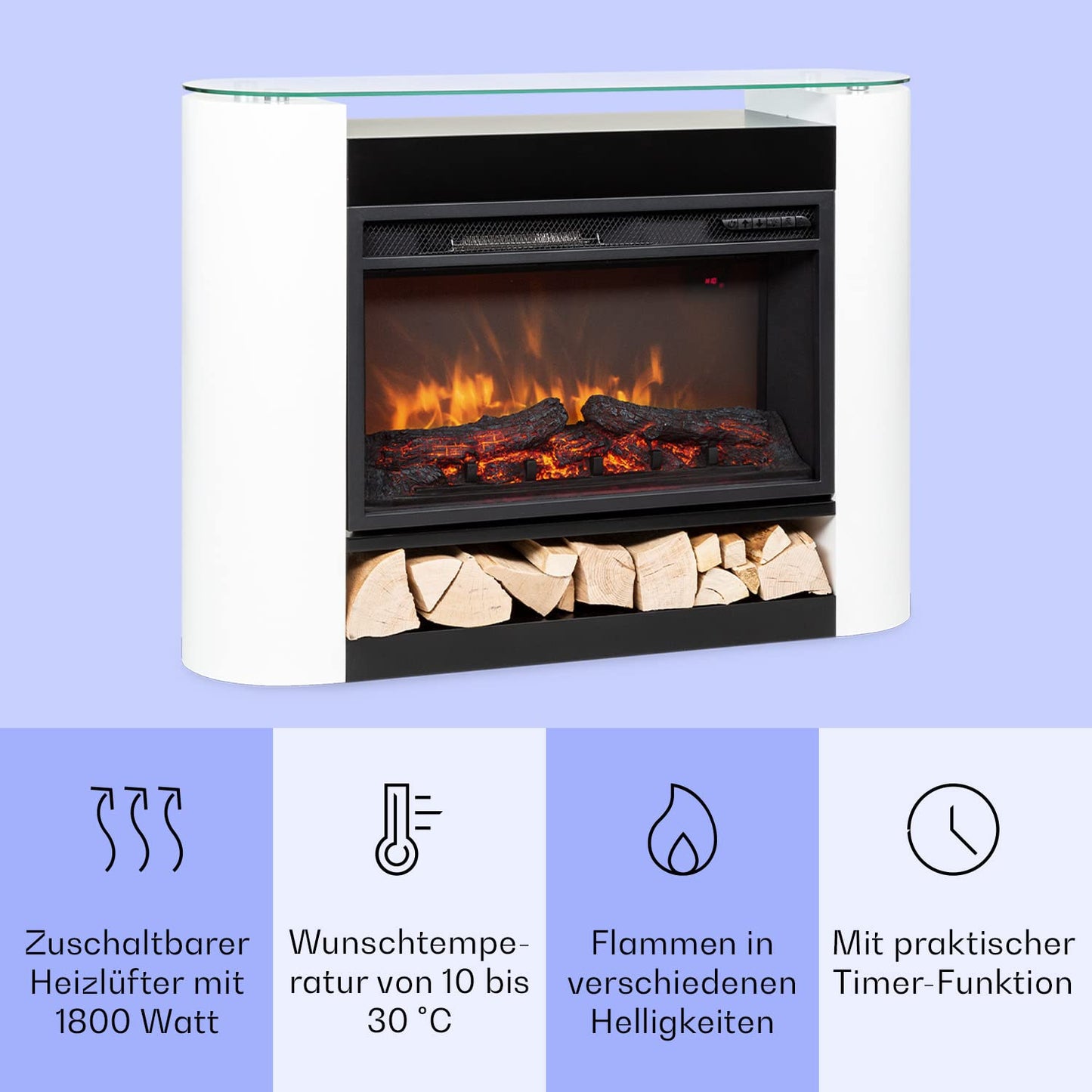 Klarstein Elektrokamin, Elektro Heizungen für Wohnzimmer & Innenräume, Elektrischer Kamin mit LED Flammen, Sparsamer Elektroofen, Heizlüfter mit Timer, Einstellbarer Thermostat, Heizung 1800 W