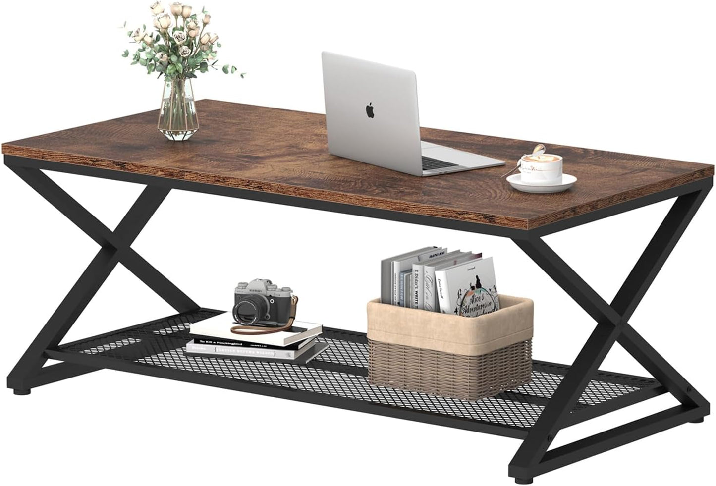 LVB Rectangular Coffee Table, Living Room Table, Sofa Table, Side Table, Wood, Metal, Living Room Furniture, Coffee Table, Vintage Retro Industrial Design, 120 x 60 x 45 cm