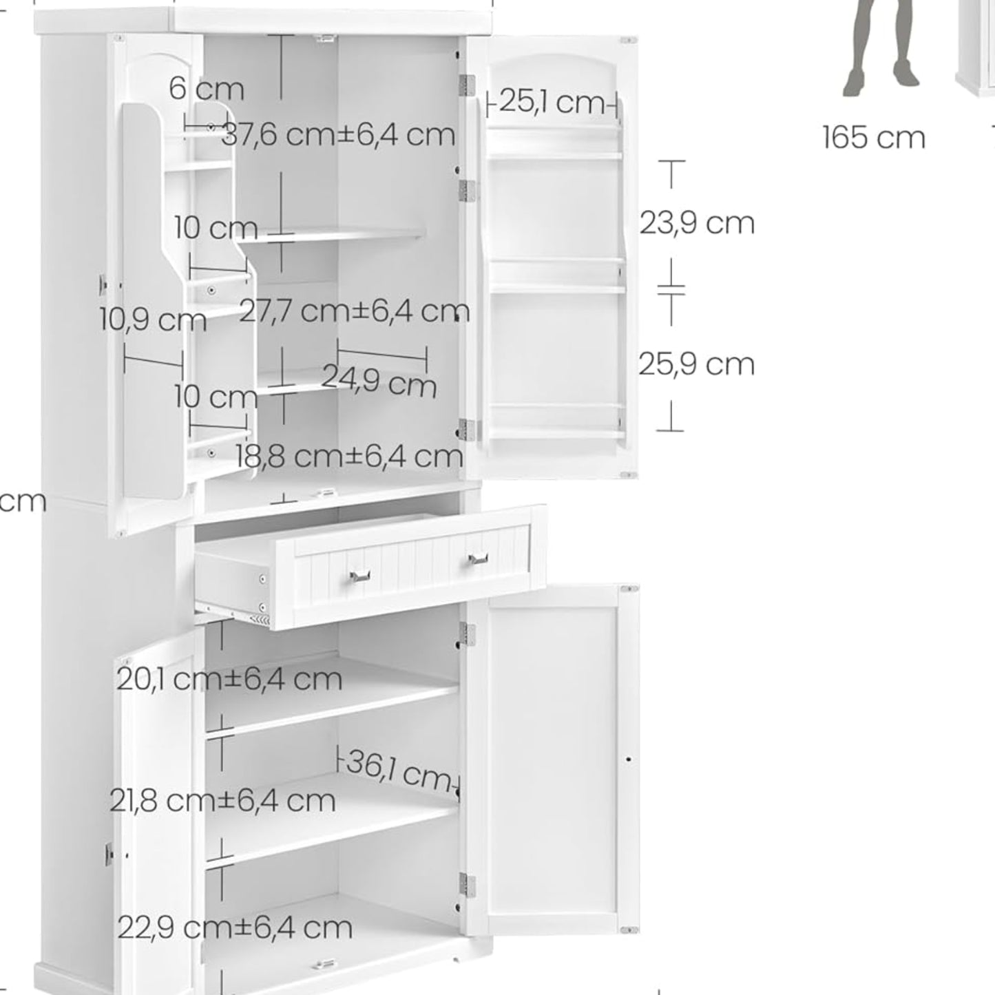 VASAGLE BBC561W21 Kitchen Cabinet, Tall Cabinet Kitchen Buffet Cabinet with Adjustable Shelves, Dining Room Cabinet with Drawers for Living Room Kitchen, 40 x 76 x 182.1 cm, White