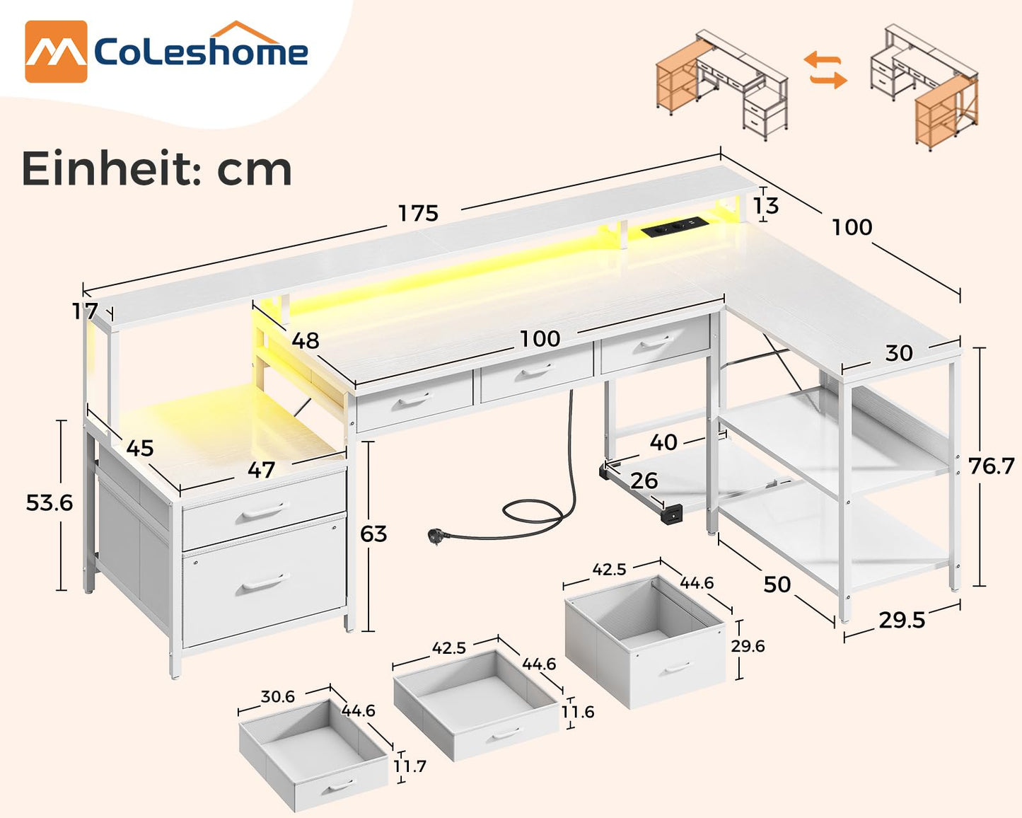 Coleshome L Shape Desk with Drawers, 195 x 100 cm Gaming Table with Socket, LED & Monitor Stand, Reversible Corner Desk with Storage Space, Computer Desk with Shelf for Office, Black