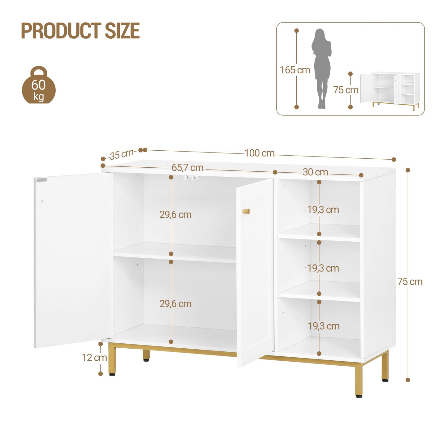 Hzuaneri SC10203G Bathroom Cabinet, Kitchen Cabinet with 2 Doors, Side Cabinet, Sideboard with Open Compartment, Chest of Drawers, Adjustable Shelf, Bathroom, 35 x 100 x 75 cm, White Gold