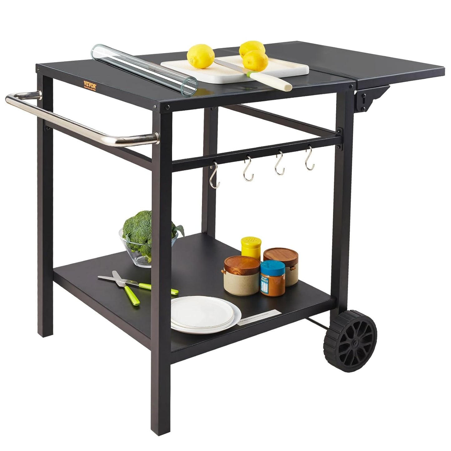 VEVOR Barbecue Trolley, Kitchen Trolley, 97.2 x 64 x 75.5 cm, Outdoor Serving Trolley with Double Shelf, Movable Grill Table for Preparing Food, Multifunctional Iron Table Top, Black