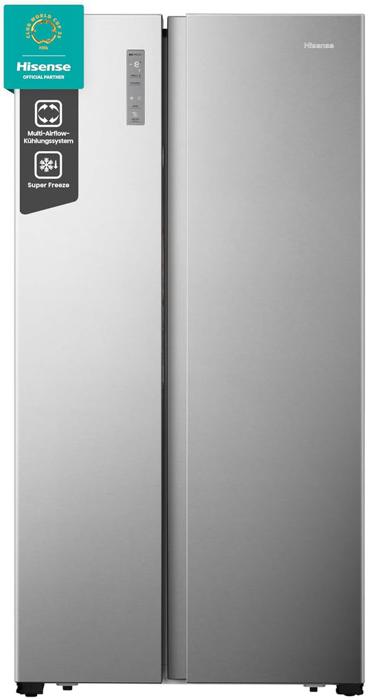 Hisense RS677N4BIE Side-by-Side Fridge Freezer / NoFrostPlus / Multiflow 360° / SuperCool / BigBox / 179.3 cm / Fridge Capacity 334 L / Freezer Capacity 185 L / 42 dB / 309 kWh Year / Stainless Steel Look