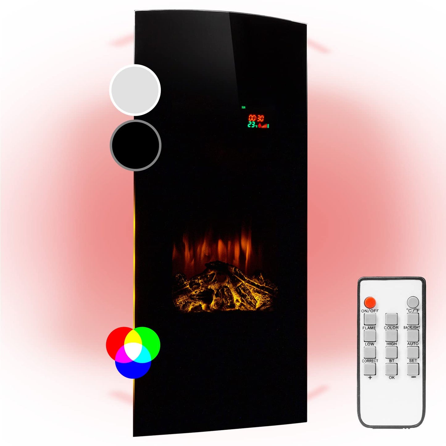 Klarstein Electric Fireplace, Electric Heaters for Living Room and Indoor Spaces, Electric Fireplace with LED Flames, Fireplace for Wall Mounting, Fan Heater with Timer, Adjustable Thermostat, Heating