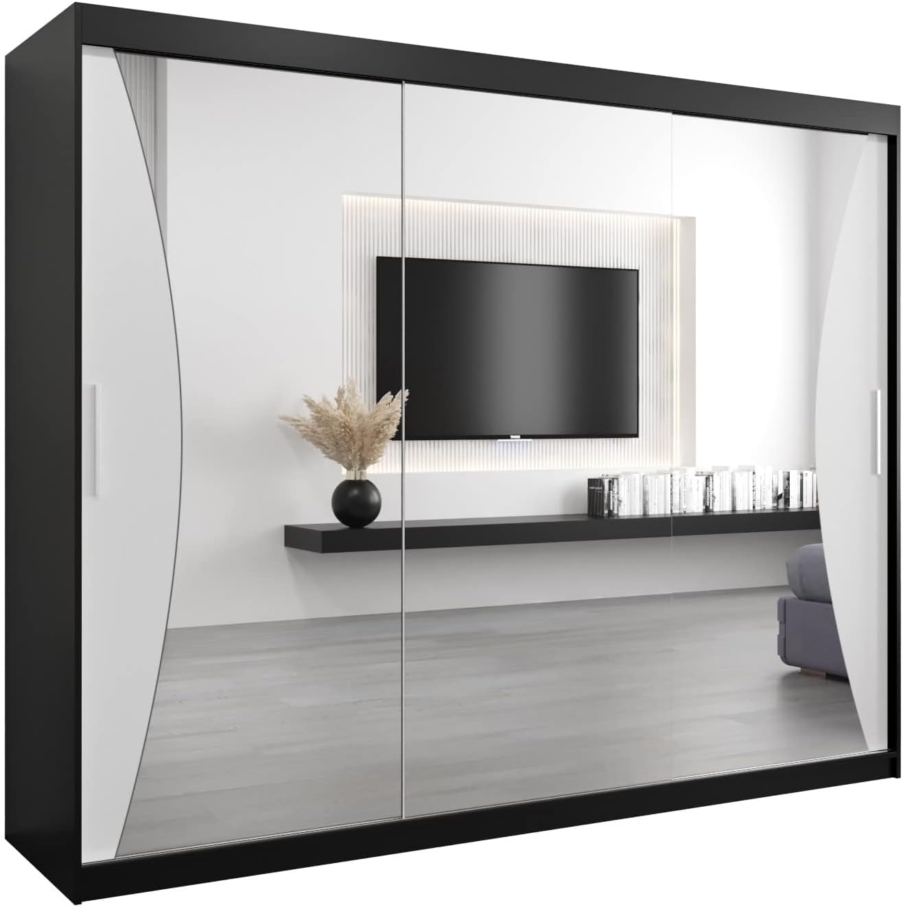 MEBLE KRYSPOL Kleiderschrank mit Spiegel Monaco - Garderobenschrank - Schrank Schlafzimmer - Mehrzweckschrank DREI Schiebetüren - Regalen - Flur Möbel - Kleiderstange Schrank - Allzweckschrank