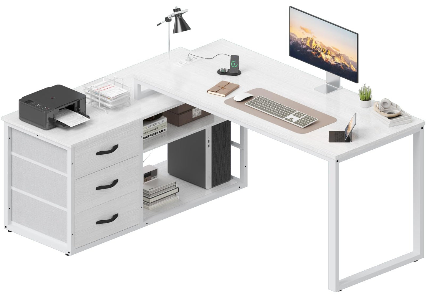 Desk l Shape with 3 Drawers & Storage Space, 140 x 105 x 75 cm Reversible Corner Desk, L-Shaped Desk with 2 USB Charging Ports and 2 Sockets, White
