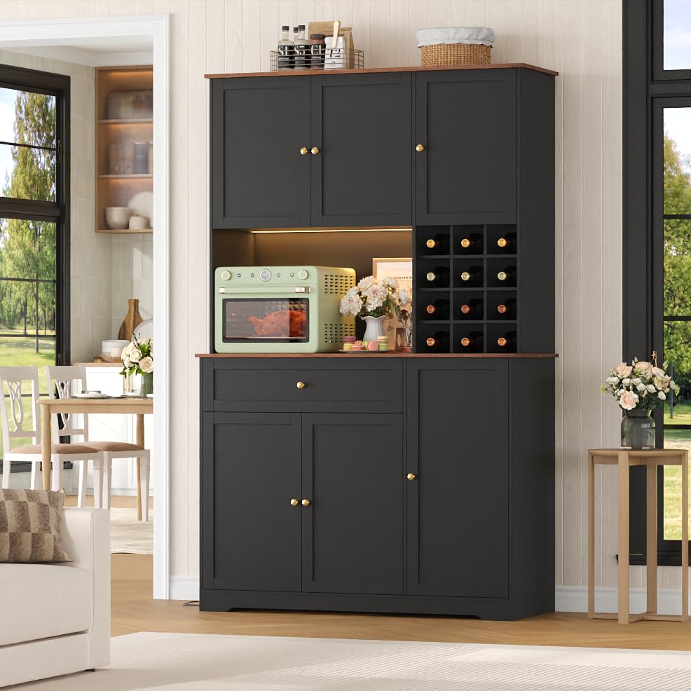 FirFurd Kitchen Cabinet 180 cm Buffet Cabinet with LED Sideboard for Kitchen with Power Strip Kitchen Cabinet with Worktop and Wine Rack for 12 Bottles Kitchen Buffet Kitchen Furniture 180 x 100 x 39