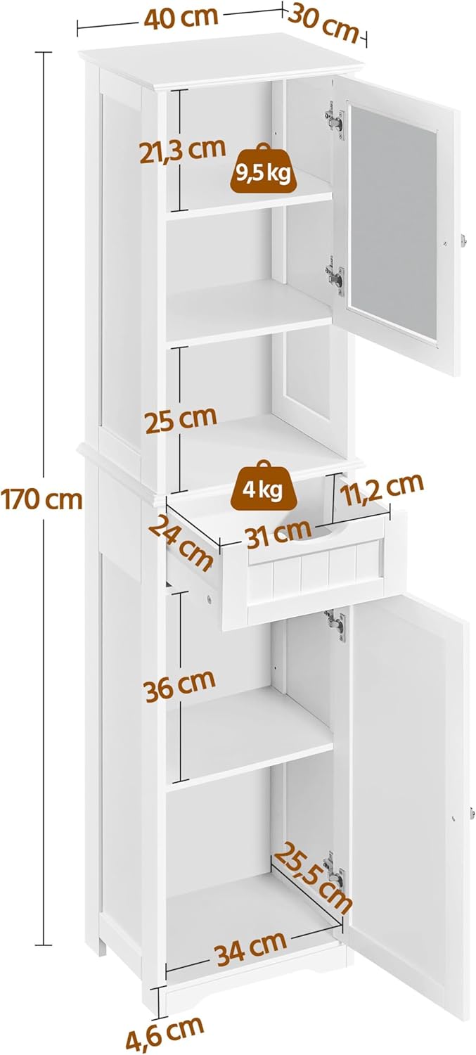Yaheetech Badezimmerschrank Hochschrank Badschrank mit Schublade & 2 Türen und verstellbarem Einlegeboden Aufbewahrungsschrank Küchenschrank für Badezimmer/Wohnzimmer/Küche, 40 * 30 * 170 cm