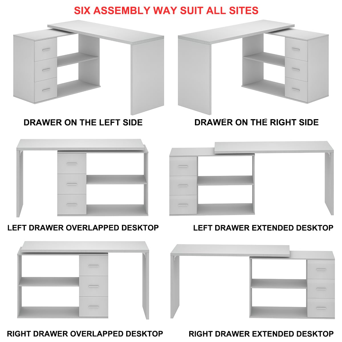 HSH Desk L Shape Modern Corner Desk Computer Desk with 3 Drawers and 2 Shelves Reversible Corner Desk with Storage Space for Home Office Table Desk White 140 cm