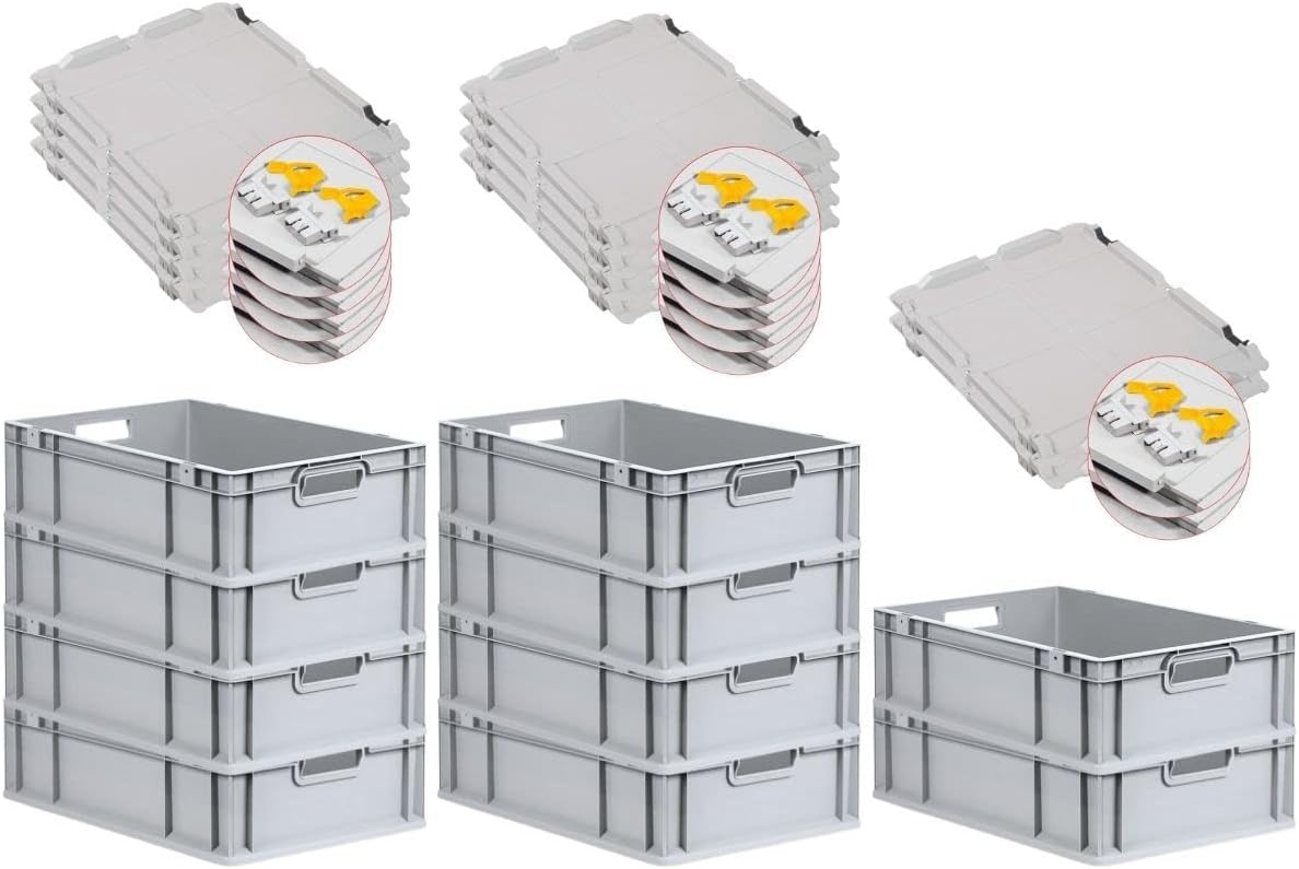 PROREGAL SuperSparSet 3 x Eurobox NextGen Grip with Lid and Yellow Clasps, H x W x D 32 x 40 x 60 cm, 65 Litres, Open Handles, Reinforced Base, Euro Container, Transport Box