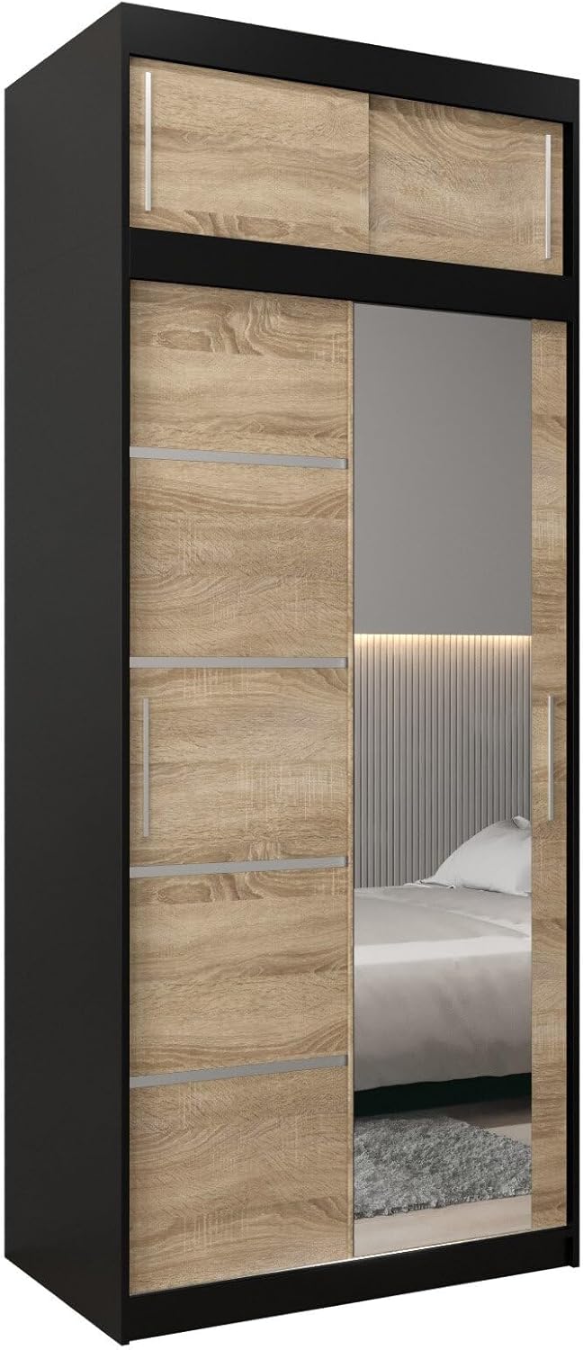 MEBLE KRYSPOL Verona 2, 250 cm Bedroom Wardrobe with Three Sliding Doors, Mirror, Clothes Rail and Shelves, 250 x 200 x 62 cm, Matt Black