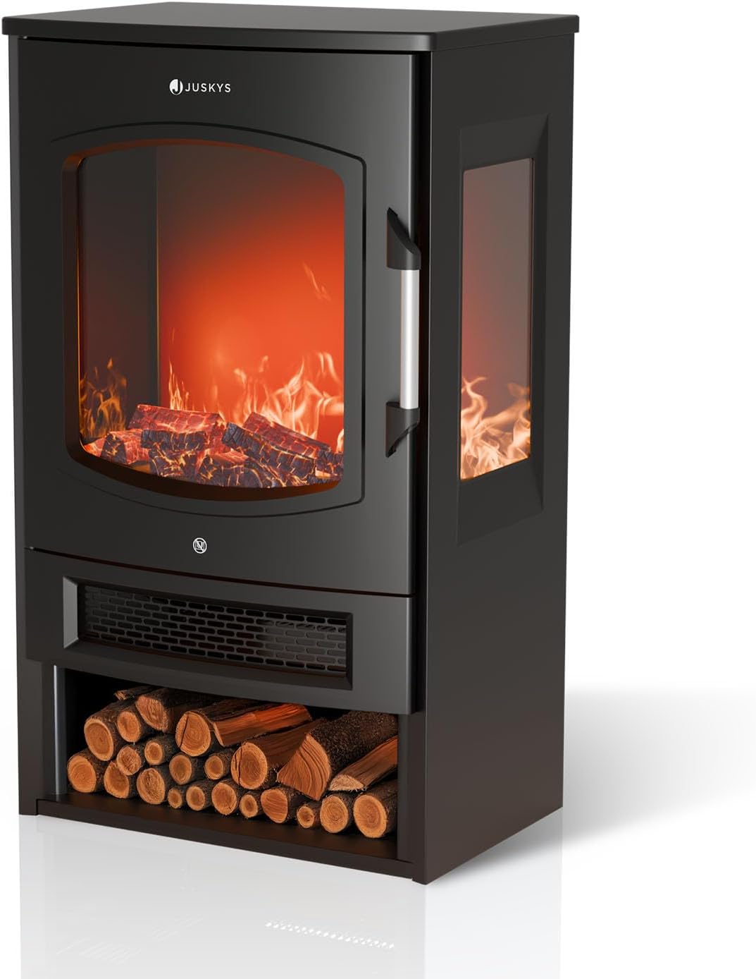 Juskys Electric Fireplace 1800W - Black, Electric Standing Fireplace with LED Flame Effect, WiFi/App Control, Remote Control