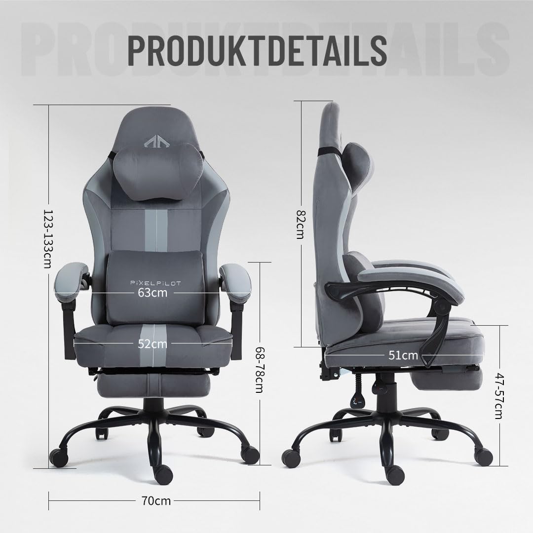 PixelPilot Ergonomic Gaming Chair [Breathable Fabric] Gaming Chair with Footrest, Head and Lumbar Support, Gamer PC Chair Wide Seat, Office Chair 150 kg Load Capacity (Nebula I, Grey)